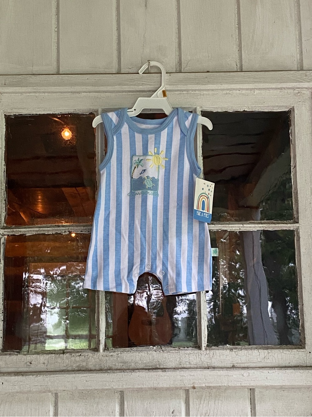 Blue & White Striped Baby Romper with Sun & Palm Graphic